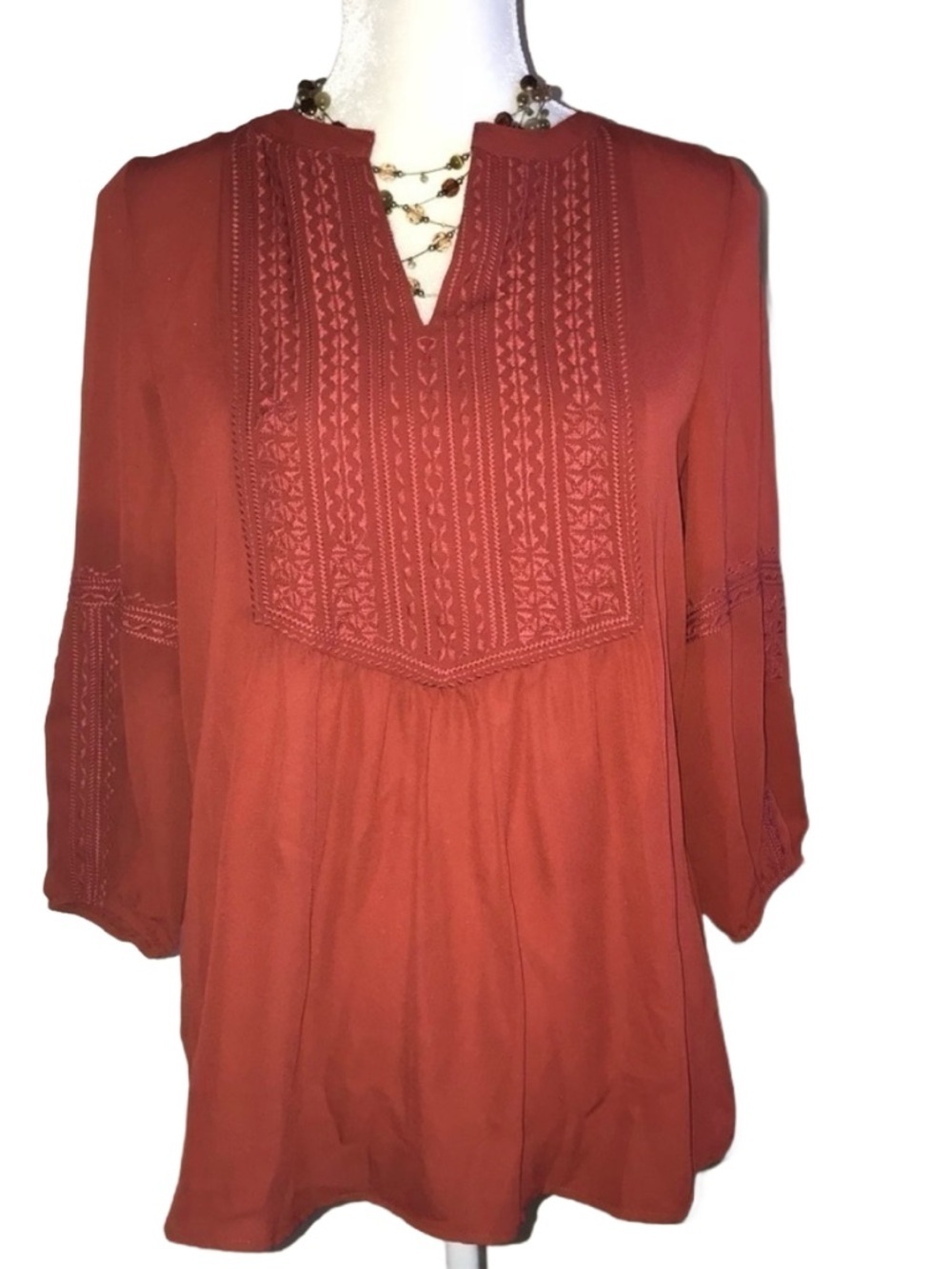 Cynthia Rowley Poly Women Peasant Tunic Top S Brick Red*